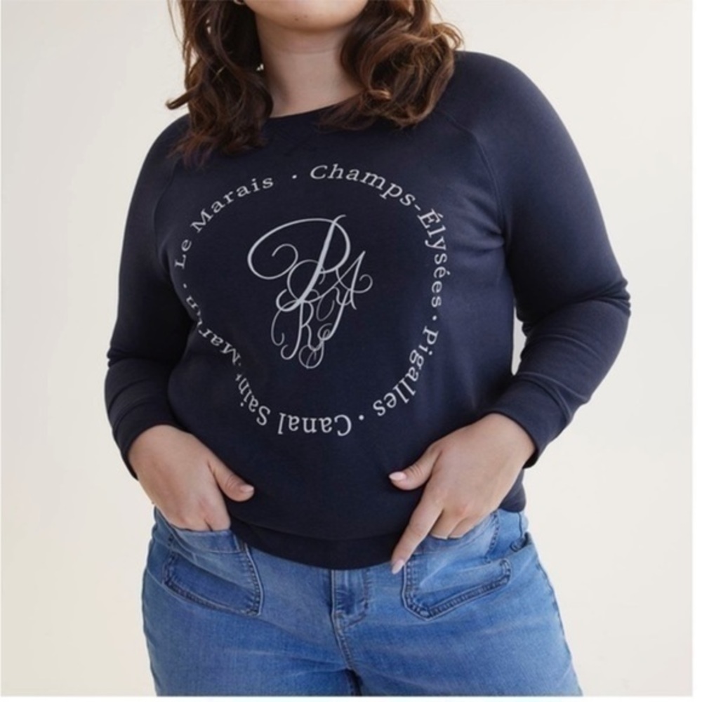 New Navy Blue & White Print Crewneck Cotton Sweatshirt